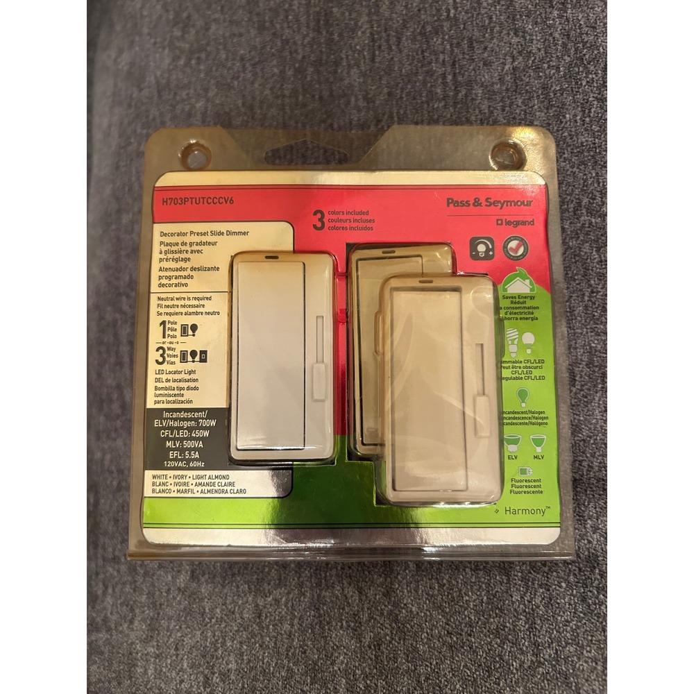 Pass & Seymour Legrand Harmony Slide Dimmer Switch H703PTUTCCCV6 3 Colors